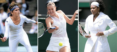 윔블던 테니스 대회는 메이저 대회 중 유일하게 흰옷을 입어야 한다는 복장 규정이 있다. 여자 선수들은 독특한 디자인으로 개성을 표출하고 있다. 왼쪽부터 앤 화이트(미국), 마리야 샤라포바(러시아), 세리나 윌리엄스(미국). [중앙포토]