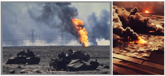 1991년 미-이라크 간 걸프전쟁의 한 단면(왼쪽). 폭발한 쿠웨이트 유전에서 불길이 치솟고 있다(오른쪽). [사진 중앙포토]