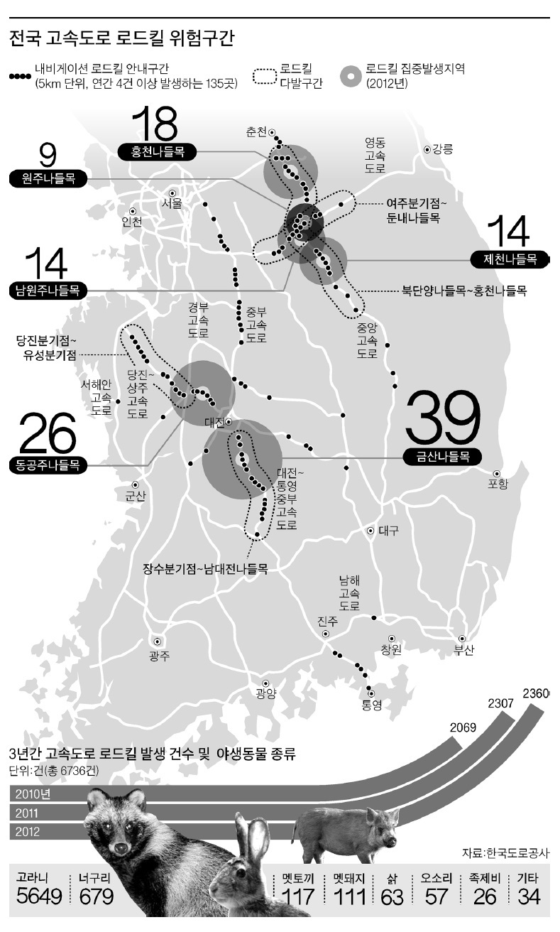 2013년 중앙일보가 작성한 로드킬 지도와 관련 통계