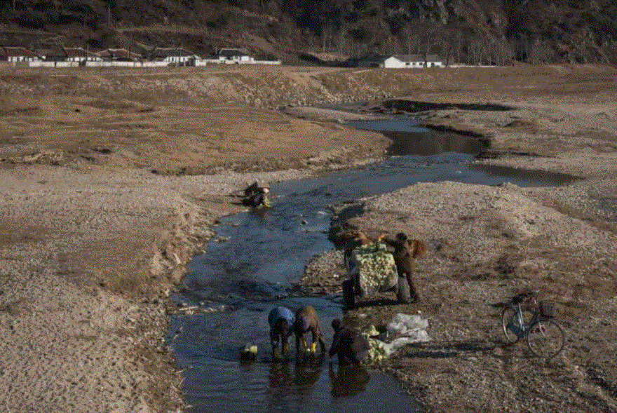 지난달 22일 함경북도 락산의 한 강에서 주민들이 배추를 씻고 있다.[AFP=연합뉴스]