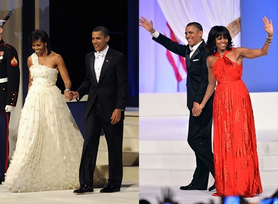 2009년, 2013년 버락 오바마 대통령 취임 축하 무도회에서 신인 디자이너 제이슨 우의 드레스를 연달아 입은 미셸 오바마. [중앙포토]