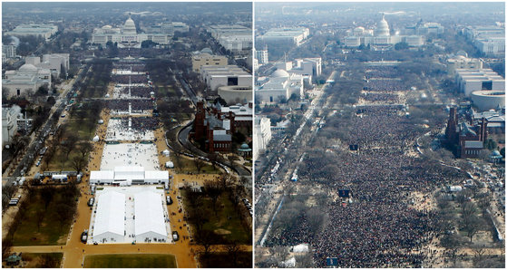 트럼프 대통령 취임식(1월 20일)과 버락 오바마 전 대통령 취임식(2009년 1월 20일)에 참석한 인파를 비교한 사진. [REUTERS=연합뉴스/Lucas Jackson (L), Stelios Varias]
