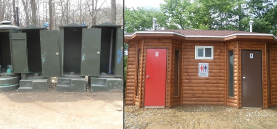 군부대 야외훈련장 화장실이 개선됐다. 악취를 풍기던 기존 화장실(좌측)에서 자연발효식 화장실로 바뀌었다. [사진 국방부]