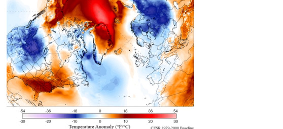 앞으로 5년간 북극 주변의 기온이 예년과 비교해 얼마나 크게 변할지 시뮬레이션을 돌려본 영상. 붉은색일수록 예년기온보다 크게 상승한다는 의미임. [자료=미 메인대]
