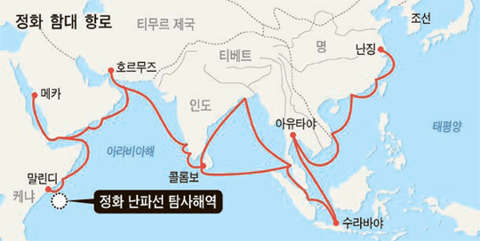 정화의 대원정. 7차례에 걸친 해상 (조공)무역로 개척을 통해 명은 세력을 동아프리카 일대까지 과시하는 데는 성공했으나, 막대한 비용 때문에 중단했다. [중앙포토]