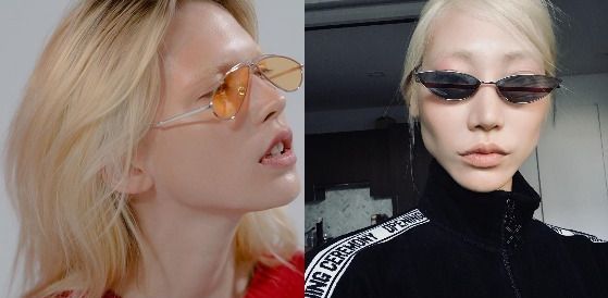 젠틀 몬스터의 2018 SS 광고 비주얼(왼쪽). 모델 수주(오른쪽)는 가로선이 돋보이는 틴트 선글라스를 착용했다. [사진 젠틀 몬스터, 수주 인스타그램]