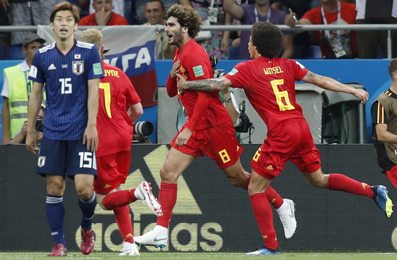 3일 열린 러시아 월드컵 16강 일본과의 경기에서 후반 동점골을 터뜨린 벨기에의 마루앙 펠라이니. [EPA=연합뉴스]