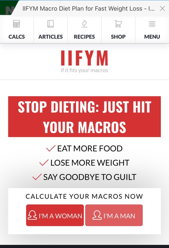 미국 IIFYM사의 모바일 홈페이지. 자신의 체중, 환경, 식습관에 맞게 적당한 식사량을 계산해주는 기능과 사람들이 공유한 IIFYM 식단 등이 올라와 있다.