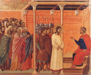 이탈리아 시에나 대성당의 제단화가였던 두치오 디 부오닌세냐(1255~1319)의 작품. “내 나라는 여기에 속하지 않는다”는 예수의 말을 빌라도 총독은 어떻게 해석했을까.