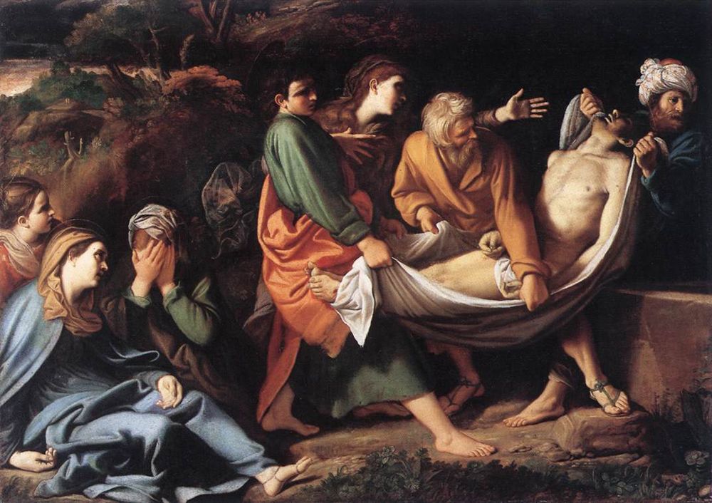 틴토레토 작 ‘그리스도의 매장’. 제자들이 예수의 시신을 동굴무덤으로 옮기고 있다.