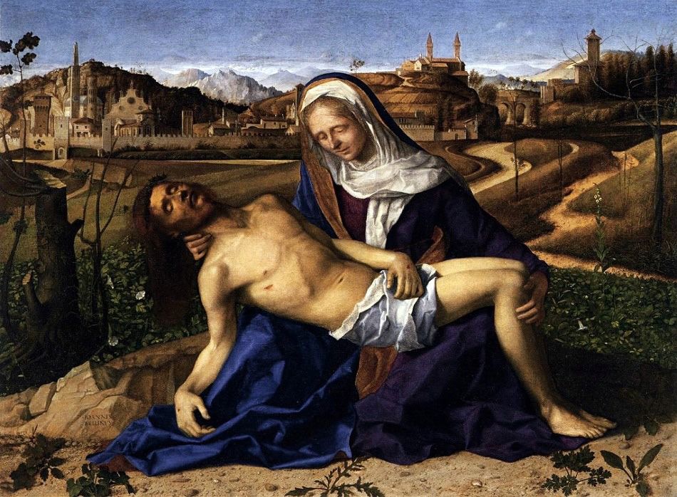 손과 발, 옆구리에 상처가 있는 예수의 주검을 안고 있는 마리아.