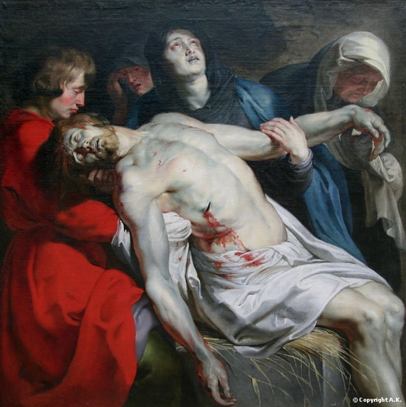 루벤스 작 ‘무덤에 묻히는 예수’. 창에 찔린 예수의 옆구리에서 피가 흐르고 있다.