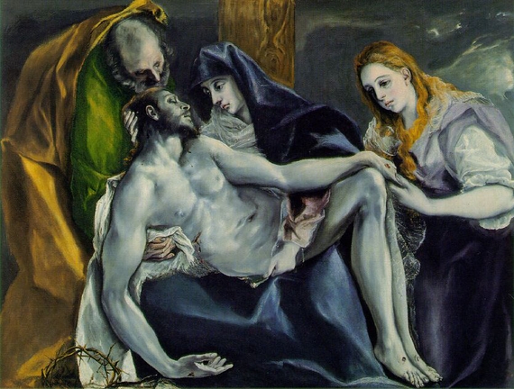 엘 그레코 작 ‘무덤에 묻히는 예수’. 성모 마리아가 예수의 시신을 안고 있고, 바닥에는 가시 면류관이 떨어져 있다.