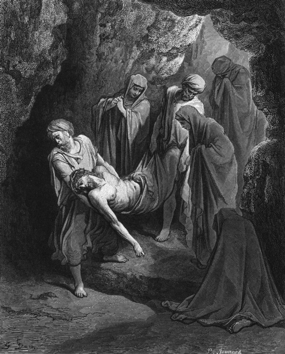 구스타브 도레 작 ‘무덤에 묻히는 예수’. 곁에서 여인들의 모습에서 슬픔이 묻어난다.