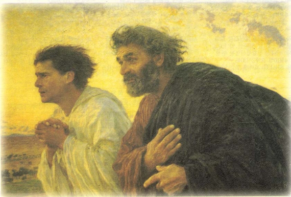 외젠 뷔르낭(1850~1921) 작 ‘부활의 새벽에 무덤으로 달려가는 베드로와 성 요한’. 베드로의 시선의 사각의 그림 밖을 쳐다보고 있다. 작품 속에 예수의 모습을 담지 않고서도, 화가는 베드로의 시선을 통해 보이지 않는 ‘부활한 예수’를 그림 밖에 그려 놓았다. 오르세 미술관 소장.