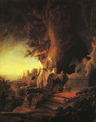 렘브란트 작 ‘부활한 예수와 막달라 마리아’. 무덤에는 두 천사도 보인다.