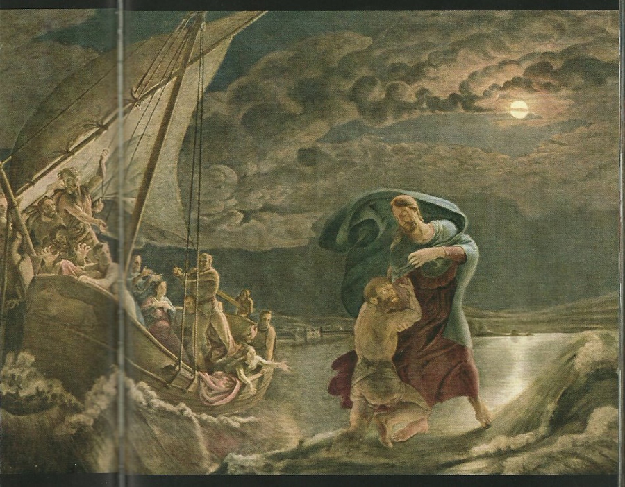 예수 당시 유대인들은 천국 사람들은 바다 위를 걸어다닌다고 믿었다. 그림은 물 위를 걷는 예수와 물에 빠진 베드로.