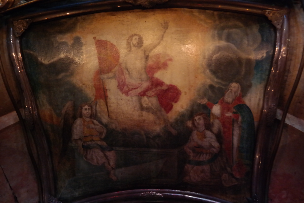 성묘교회의 예수 무덤에 그려져 있는 ‘부활한 예수’의 그림.