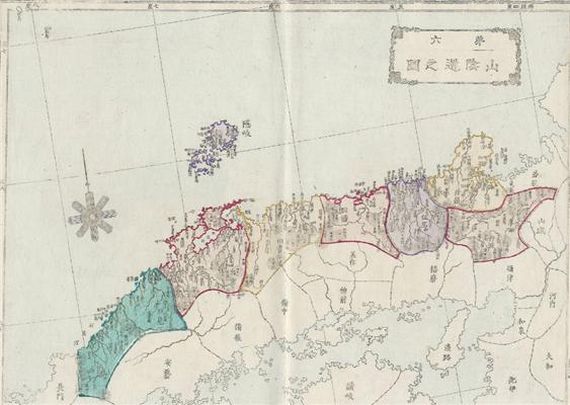 `일본지지략부도`의 `산음도지도`(1876년판). 오키섬과 시네마현은 황색으로 칠해져있지만 독도와 울릉도, 한반도는 무색이다. [심정보 서원대 교수 제공] 