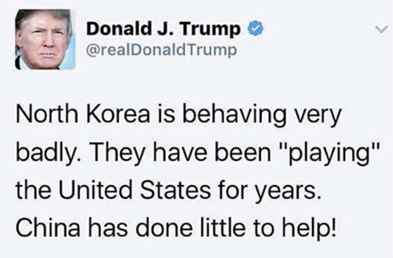 트럼프 미국 대통령이 17일(현지시간) 트위터에 북한과 중국을 비판하며 올린 글.