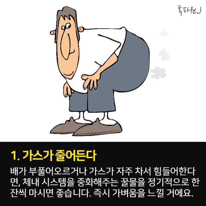 1. 가스가 줄어든다 배가 부풀어오르거나 가스가 자주 차서 힘들어한다면, 체내 시스템을 중화해주는 꿀물을 정기적으로 한 잔씩 마시면 좋습니다. 즉시 가벼움을 느낄 거에요.