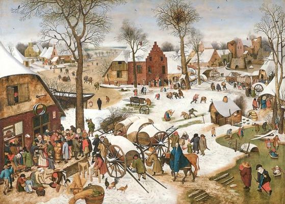 브뤼헐 2세의 <베들레헴의 인구 조사>(1607). 인구조사 명령으로 만삭의 마리아가 귀향, 마구간으로 들어가는 장면을 동화 같은 북유럽 풍경으로 담았다.
