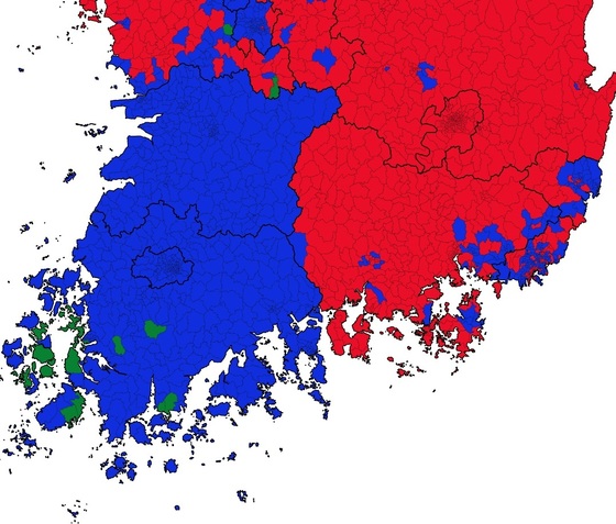 충남ㆍ전남 지역에서 안철수 후보가 1위를 차지한 지역들(초록색). 데이터 시각화=코드나무 김승범