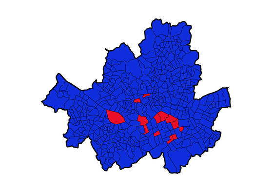서울시 동(행정동 기준)별로 어떤 후보가 득표율 1위를 차지했는지 표시했다. 빨간색은 홍준표 후보가 1위, 파란색은 문재인 대통령이 1위인 곳이다. 데이터 시각화=코드나무 김승범