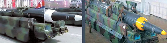 지난달 열병식에서 공개(왼쪽)한 화성-12 미사일을 발사대에 장착하는 모습. [조선중앙통신=연합뉴스]