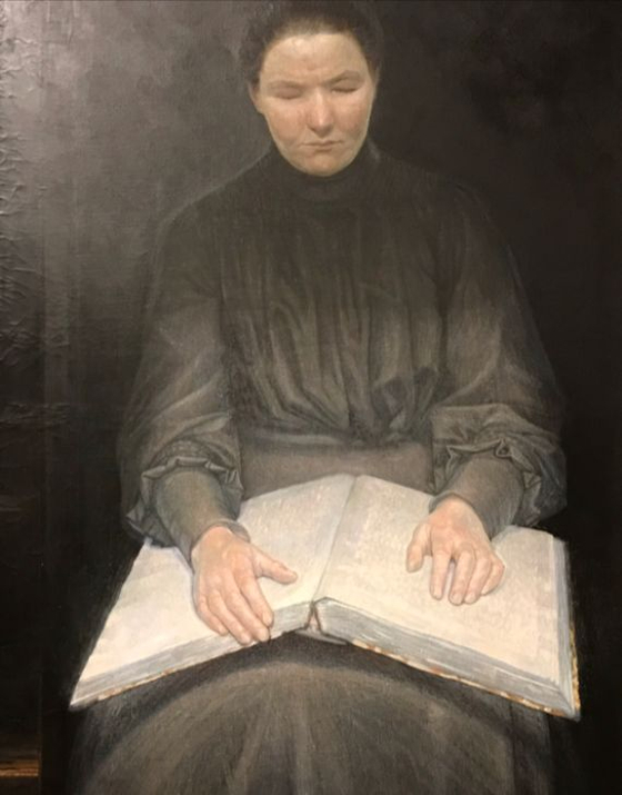 덴마크 화가 에이나르 닐센의 ‘책 읽는 시각장애 여성’. 책이 너무 흔해지고 공부의 뜻이 종종 오해되고 있는 오늘날 ‘진지한 공부’는 오히려 점자책 읽기 같은 데서 찾을 수 있지 않을까?