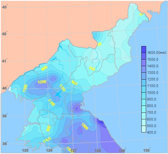 북한 연평균 강수량 [자료: 북한 당국 2102년 유엔에 제출한 기후변화 보고서]