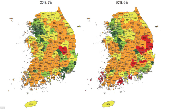 [228개 시군구별 지방소멸 위험 현황] 붉은 색일수록 소멸 고위험 지역. 푸른 색을 띌수록 지속가능한 지역 [자료=한국고용정보원]