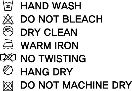 產品標籤上的洗衣標記。 不要用手洗，漂白，髒污清洗，低溫熨燙，不要扭曲，在陰涼處晾乾，使用洗衣機從頂部到30度水。 [照片小標籤]