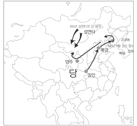  당 태종의 진격로 [서영교, 『연개소문의 對설연타 공작과 당태종의 안시성 撤軍 - 『資治通鑑』 권198, 貞觀 19년 8·12월조 『考異』의 「實錄」 자료와 관련 하여』에서 인용]