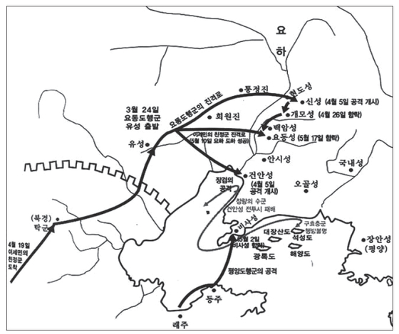 당 태종의 진격로 [서영교, 『연개소문의 對설연타 공작과 당태종의 안시성 撤軍 - 『資治通鑑』 권198, 貞觀 19년 8·12월조 『考異』의 「實錄」 자료와 관련 하여』에서 인용]