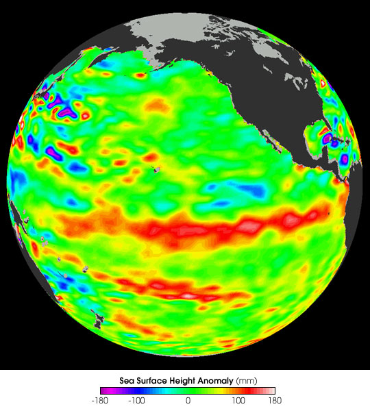 2006년 엘니뇨 발생 상황을 보여주는 그래픽. 남미 쪽 적도 부근 동태평양의 바닷물 높이가 높아지고,수온도 상승한다. [사진 미항공우주국(NASA)]