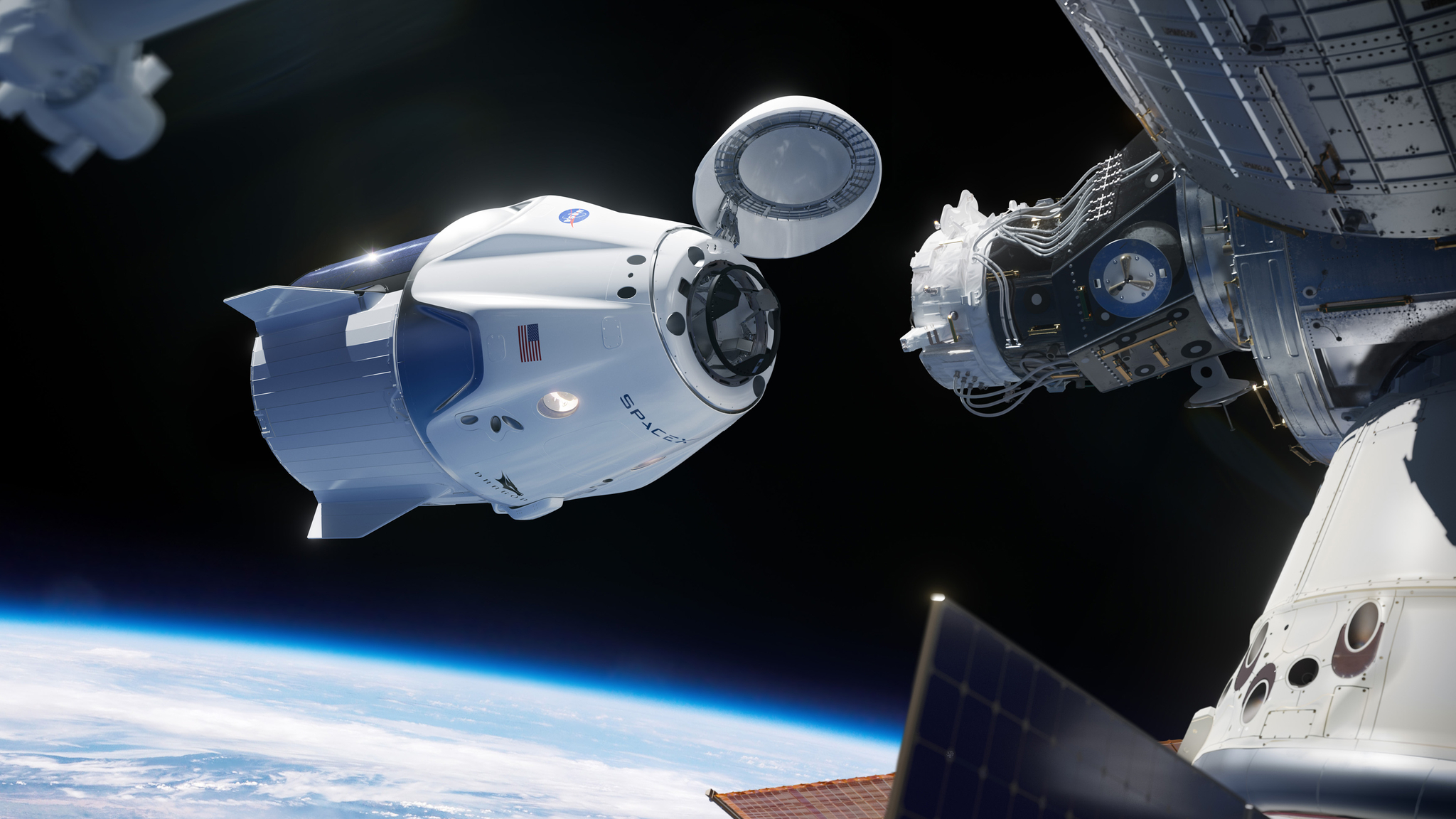 크루 드래곤이 ISS에 도킹하는 그림. 3일 국제우주정거장(ISS)와 도킹한 캡슐은 8일 지구로 귀환한다.[로이터=연합뉴스]