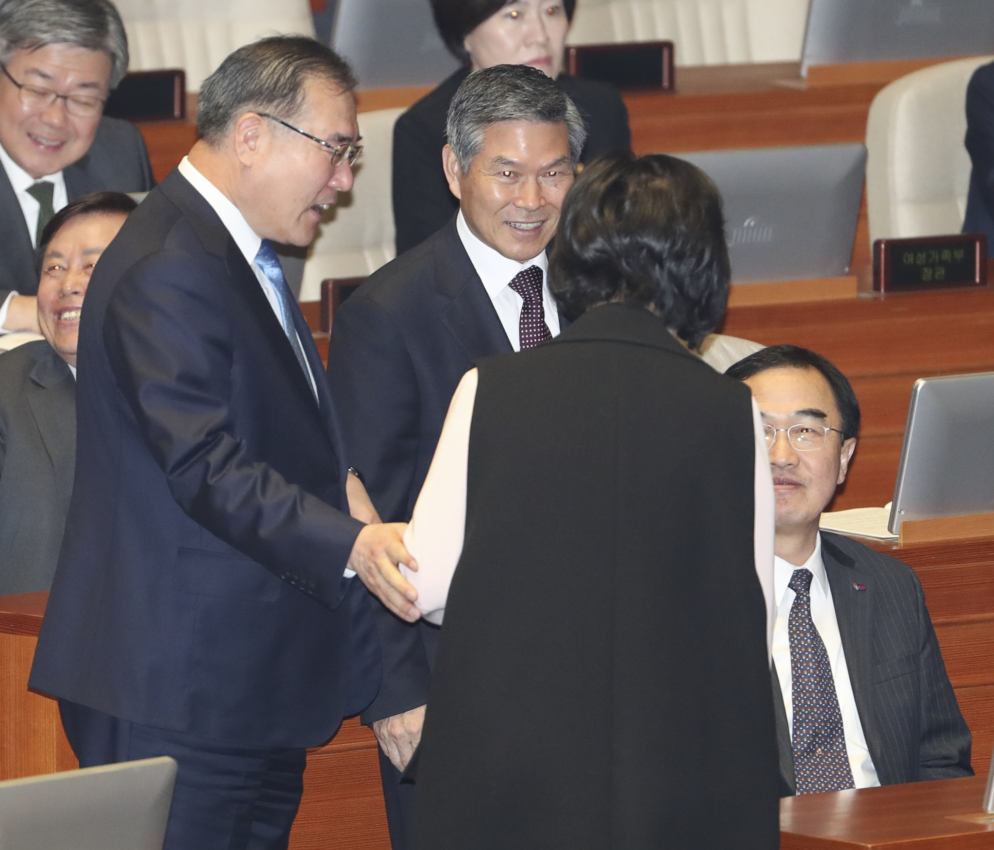 손혜원 무소속 의원(가운데)이 11일 오전 국회 본회의장에서 열린 홍영표 민주당 원내대표의 교섭단체 대표연설 전 이개호 농림축산식품부 장관(왼쪽) 정경두 국방부 장관(뒤편 가운데), 조명균 통일부 장과과 인사하고 있다. 임현동 기자