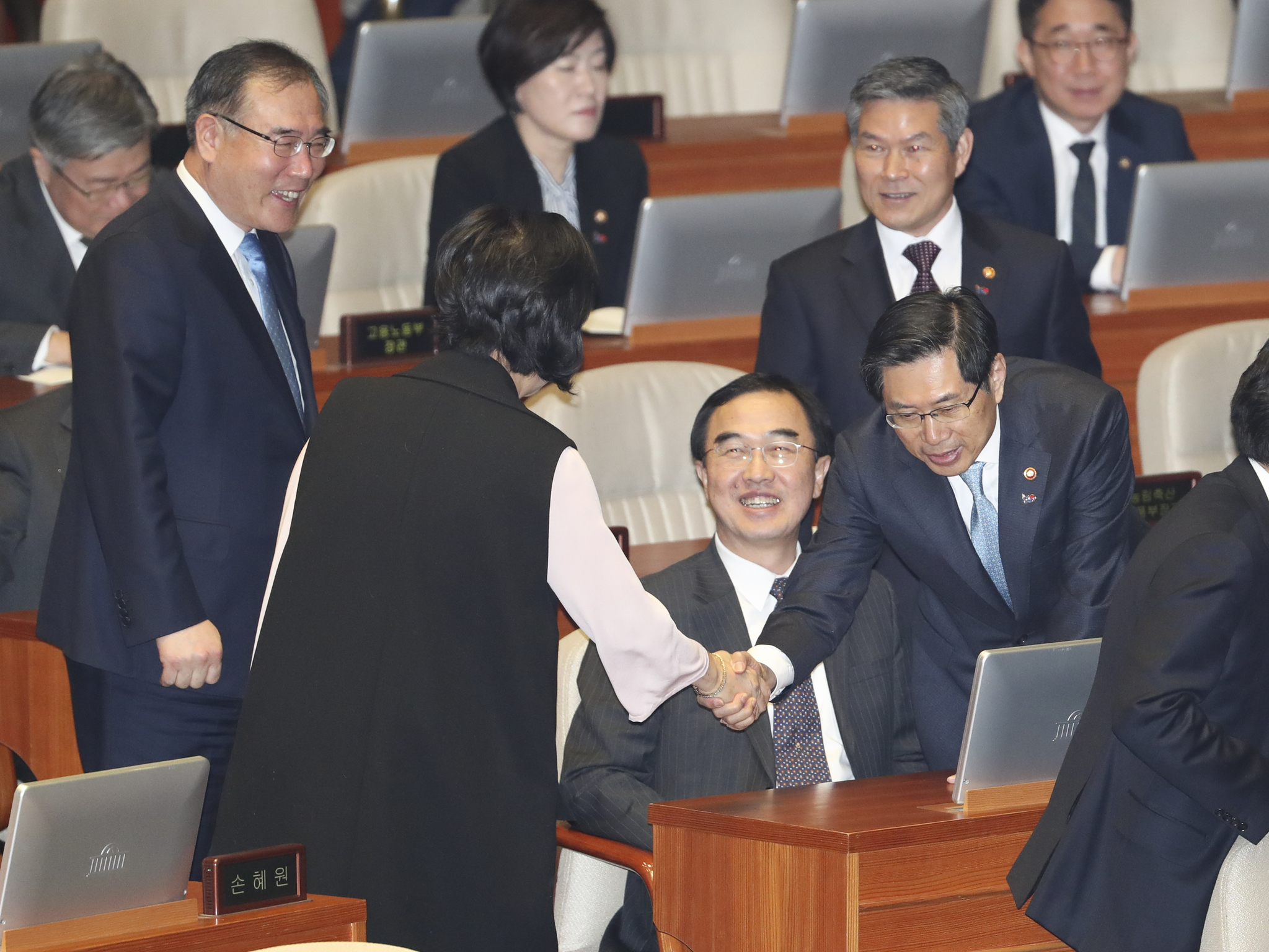 손혜원 무소속 의원(가운데)이 11일 오전 국회 본회의장에서 열린 홍영표 민주당 원내대표의 교섭단체 대표연설 전 박상기 법무부 장관(오른쪽)과 인사하고 있다. 임현동 기자