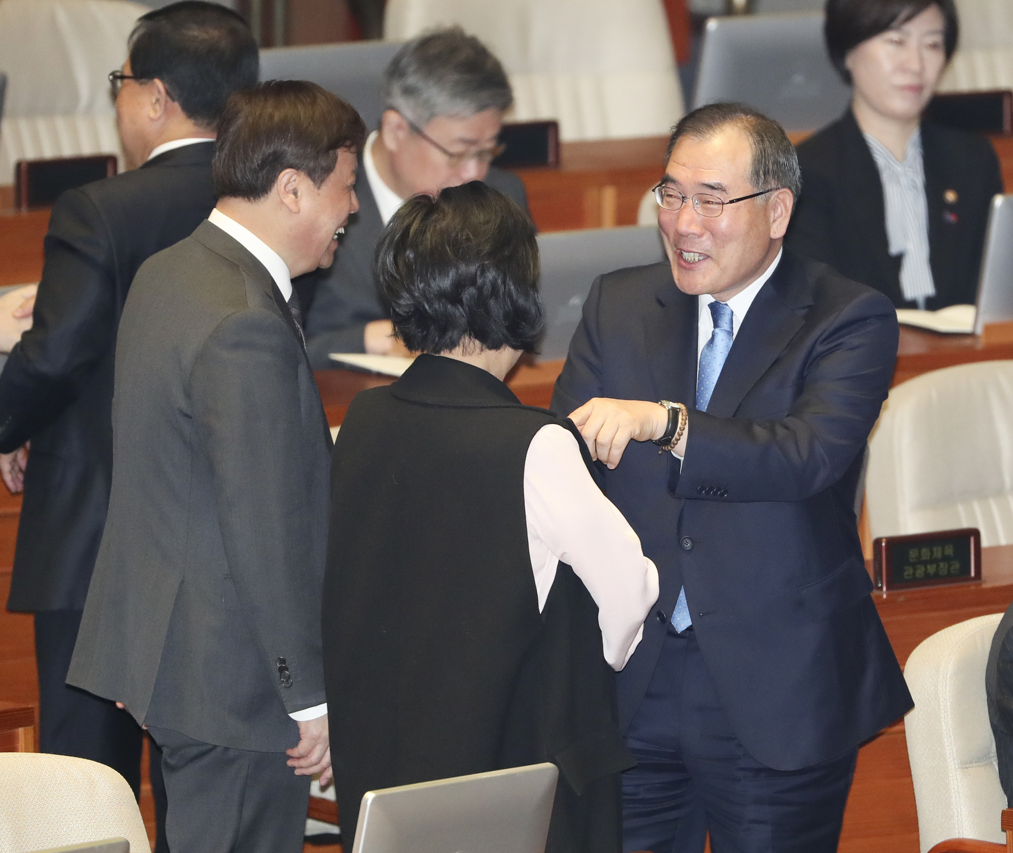 손혜원 무소속 의원(가운데)이 11일 오전 국회 본회의장에서 열린 홍영표 민주당 원내대표의 교섭단체 대표연설 전 이개호 농림축산식품부 장관과 인사하고 있다. 임현동 기자