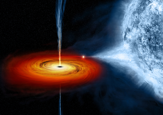 초대질량 블랙홀 상상화. 블랙홀에 빨려 들어가는 물질에 둘러싸여 있고, 제트를 분출하는 모습이다. [NASA/JPL-Caltech]