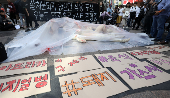 동물해방물결 회원들이 6일 오후 서울 중구 명동예술극장 앞에서 '살처분되지 않으면 도살되는 축산피해 동물의 현실을 알리는 퍼포먼스'를 펼치고 있다. [뉴스1]