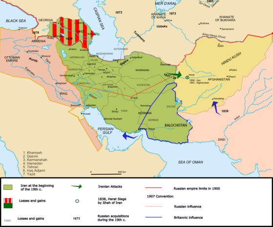1909년 영국과 러시아는 주권국가인 이란을 러시아 영향권, 영국 영향권, 그리고 중립권으로 삼등분해 관리하기로 합의했다. 아무도 힘없는 이란의 주권을 존중하지 않았다. [위키피디아]