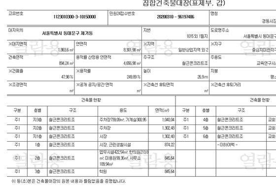 서울 동대문구 제기동 인근 신천지교회의 건축물대장. 3층은 학원으로 표기돼 있지만, 신천지 교회로 운영되고 있다. 국토부 건축물대장 열람서비스. 