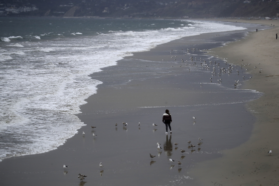 미국 캘리포니아주 로스앤젤레스시 산타모니카 해변을 지난 16일 한 여성이 걷고 있다. 개빈 뉴섬 주지사는 19일 모든 주민 4000만명에 대해 자택 격리 명령을 내렸다. [AP=연합뉴스]