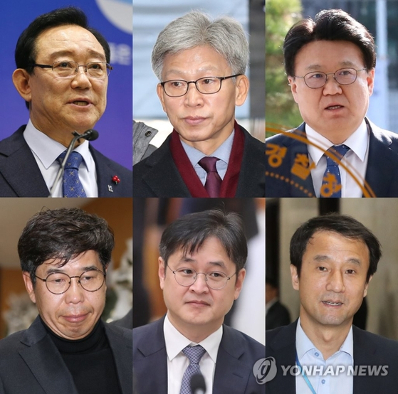 검찰이 29일 송철호 울산시장(왼쪽 윗줄부터)과 송병기 전 울산시 경제부시장, 황운하 전 울산지방경찰청장, 백원우 전 청와대 민정비서관, 박형철 전 반부패비서관, 한병도(53) 전 청와대 정무수석 등 13명을 재판에 넘겼다. [연합뉴스]