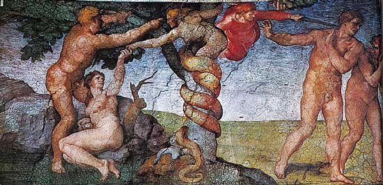 아담과 하와가 뱀의 꼬임에 넘어가 선악과를 따먹고서, 에덴동산에서 추방되는 이야기를 그린 미켈란젤로의 작품. [중앙포토]