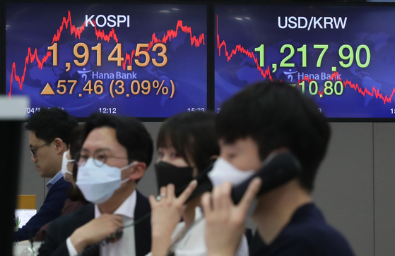 코스피 지수가 1900선을 회복한 17일 서울 중구 하나은행 본점 딜링룸. 연합뉴스