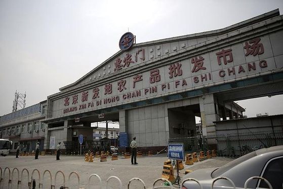 베이징 남부 펑타이구에 자리한 신파디 농수산물 도매시장에 13일 무장경찰이 출동해 전체를 에워싸듯 막고 있다. [중국 신경보망 캡처]