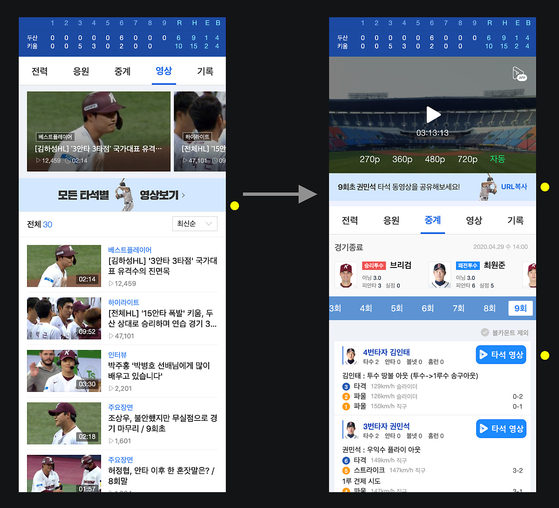 네이버 야구 화면 영상. [네이버 스포츠 제공]